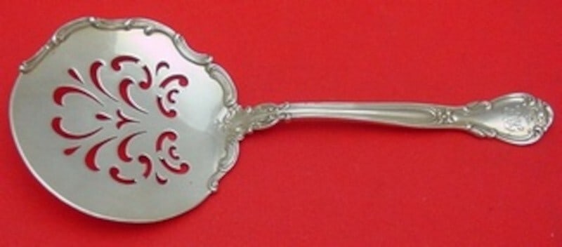 Gorham Chantilly Sterling Silver Tomato Server Pierced Applied Lacing 7 3/8": Gorham Chantilly Sterling Silver Tomato Server Pierced Applied Lacing 7 3/8" Sterling silver tomato server in the Chantilly pattern by Gorham. This pierced serving piece features applied lacing, measu
