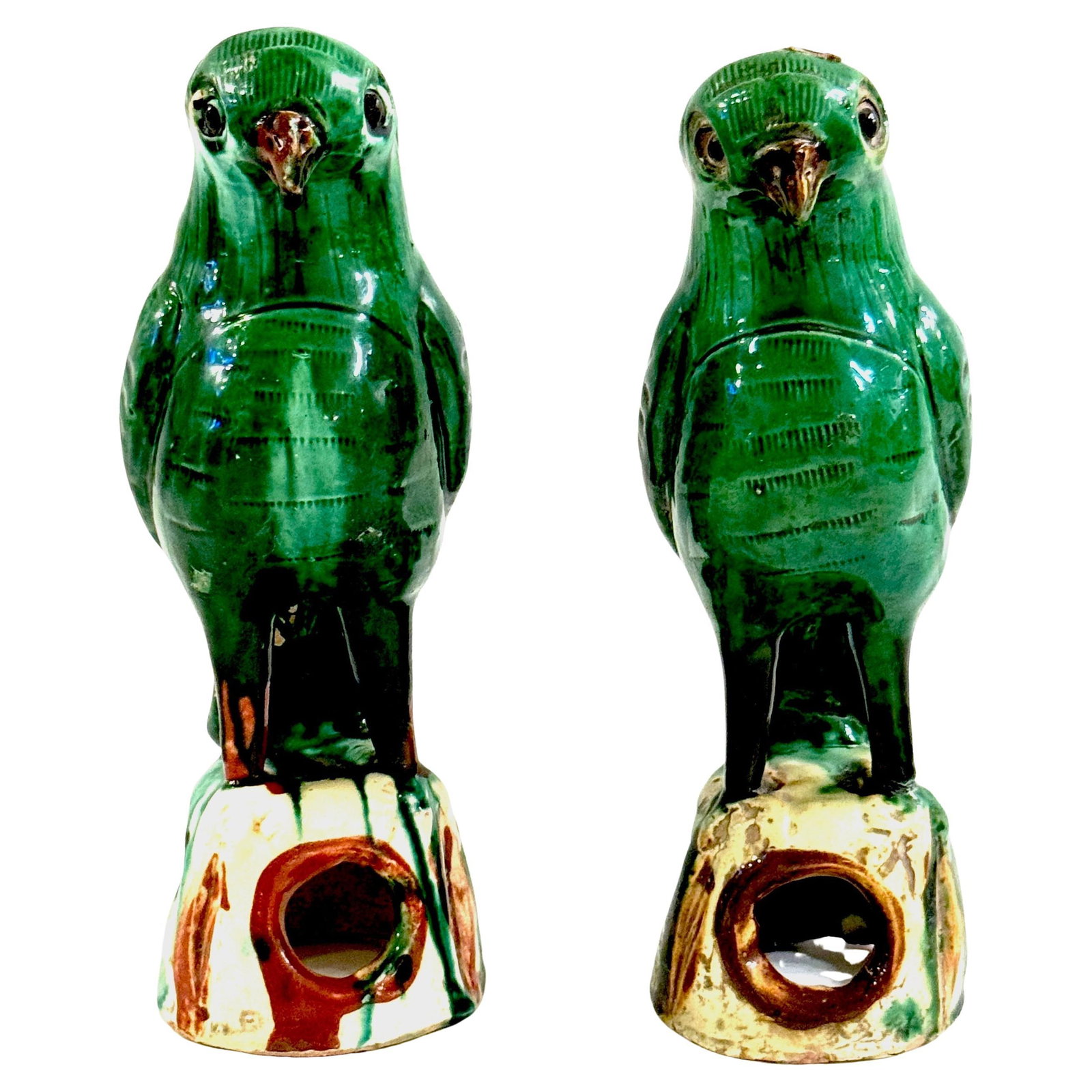 Set of 2 Chinese Export Green Sancai Porcelain Parrot Figures Late 19th Century (1 of 8)