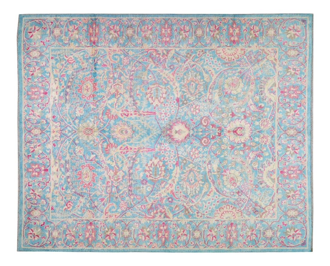8'x9'10" Handwoven Wool Oushak Rug in Turquoise From Turkey: 8'x9'10" Handwoven Wool Oushak Rug in Turquoise From Turkey This vintage Turkish hand-woven Oushak rug features an allover design and a silky soft wool texture. Its turquoise color and traditional cra