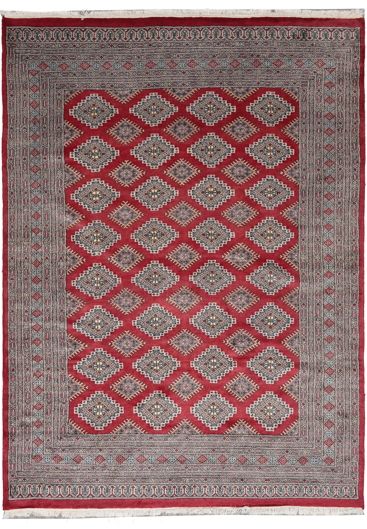 6.8 x 8.9 Handmade Pakistani Jaldar Bokhara Wool Rug: 6.8 x 8.9 Handmade Pakistani Jaldar Bokhara Wool Rug Free continental US Shipping This 6.8 x 8.9 Jaldar Bokhara rug is hand-knotted in Pakistan and features a traditional Central Asian design with bol