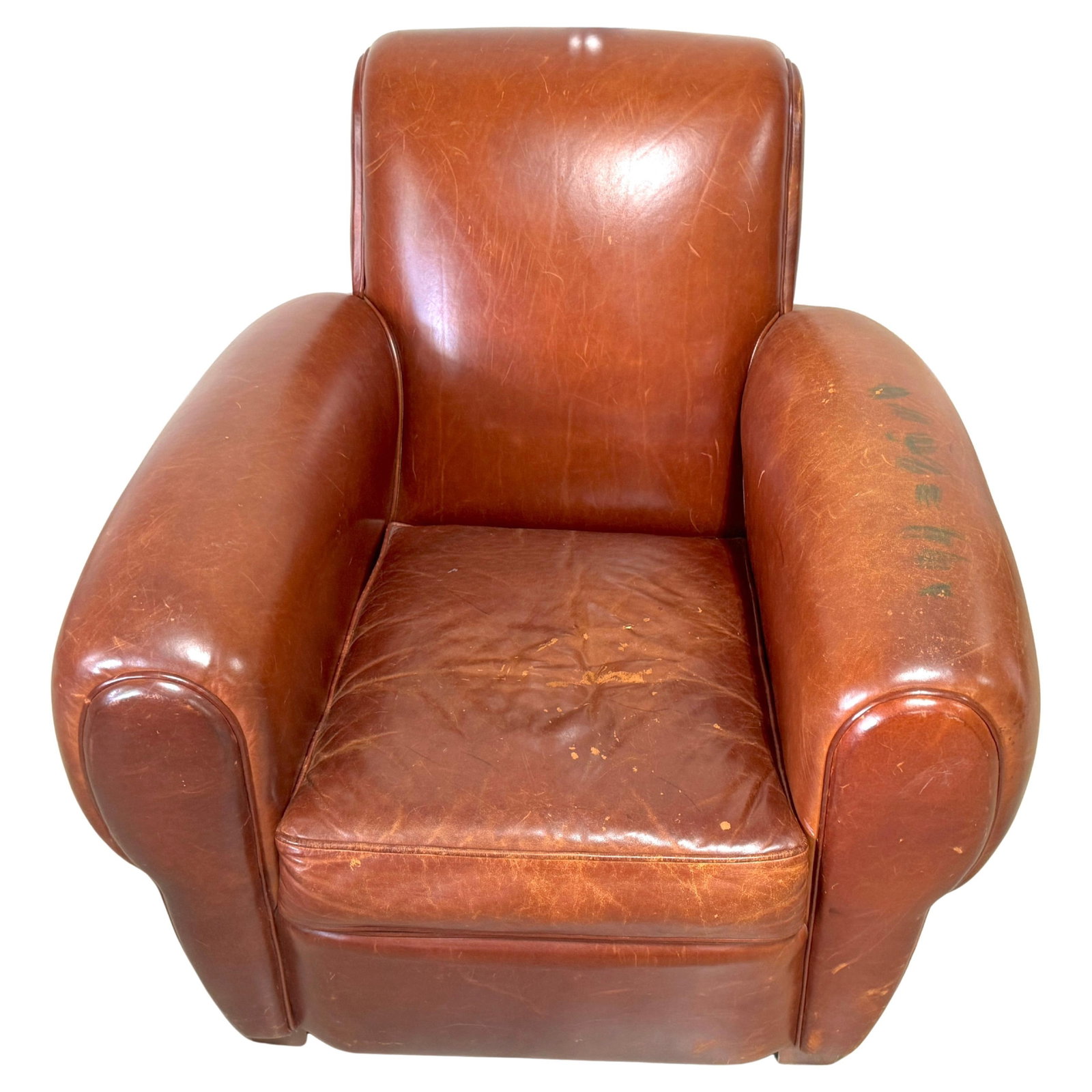 Vintage French Modern Leather Club Chair 1960s Cognac Color: Vintage French Modern Leather Club Chair 1960s Cognac Color Experience the elegance of midcentury design with this oversized French Modern Leather Club Chair, dating back to the 1960s. Upholstered in 