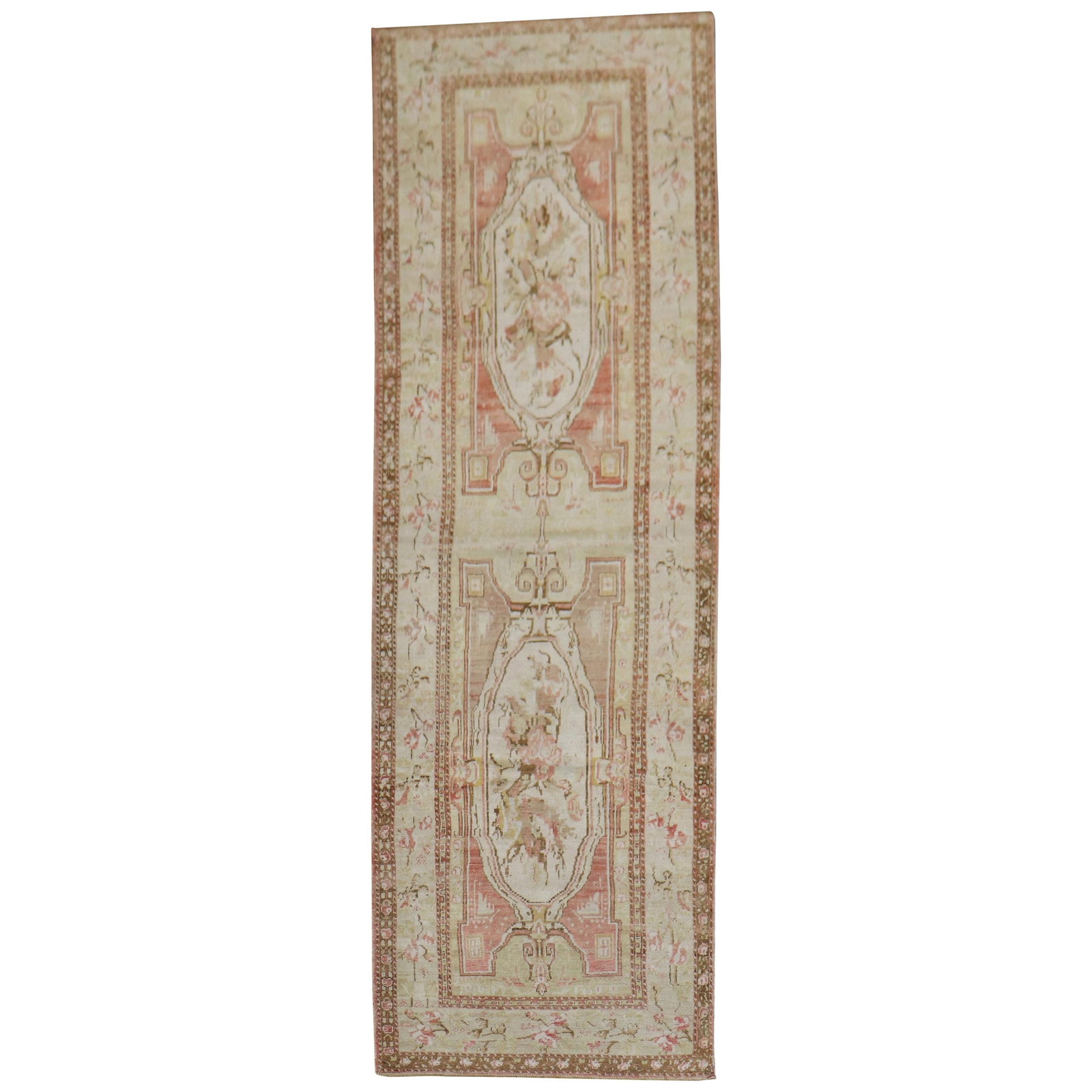 Vintage Arts and Crafts Turkish Ghiordes Floral Wool Runner 47 x 154: Vintage Arts and Crafts Turkish Ghiordes Floral Wool Runner 47 x 154 This exquisite muted Turkish Ghiordes wide runner showcases an Arts and Crafts style, perfect for adding a touch of elegance to any