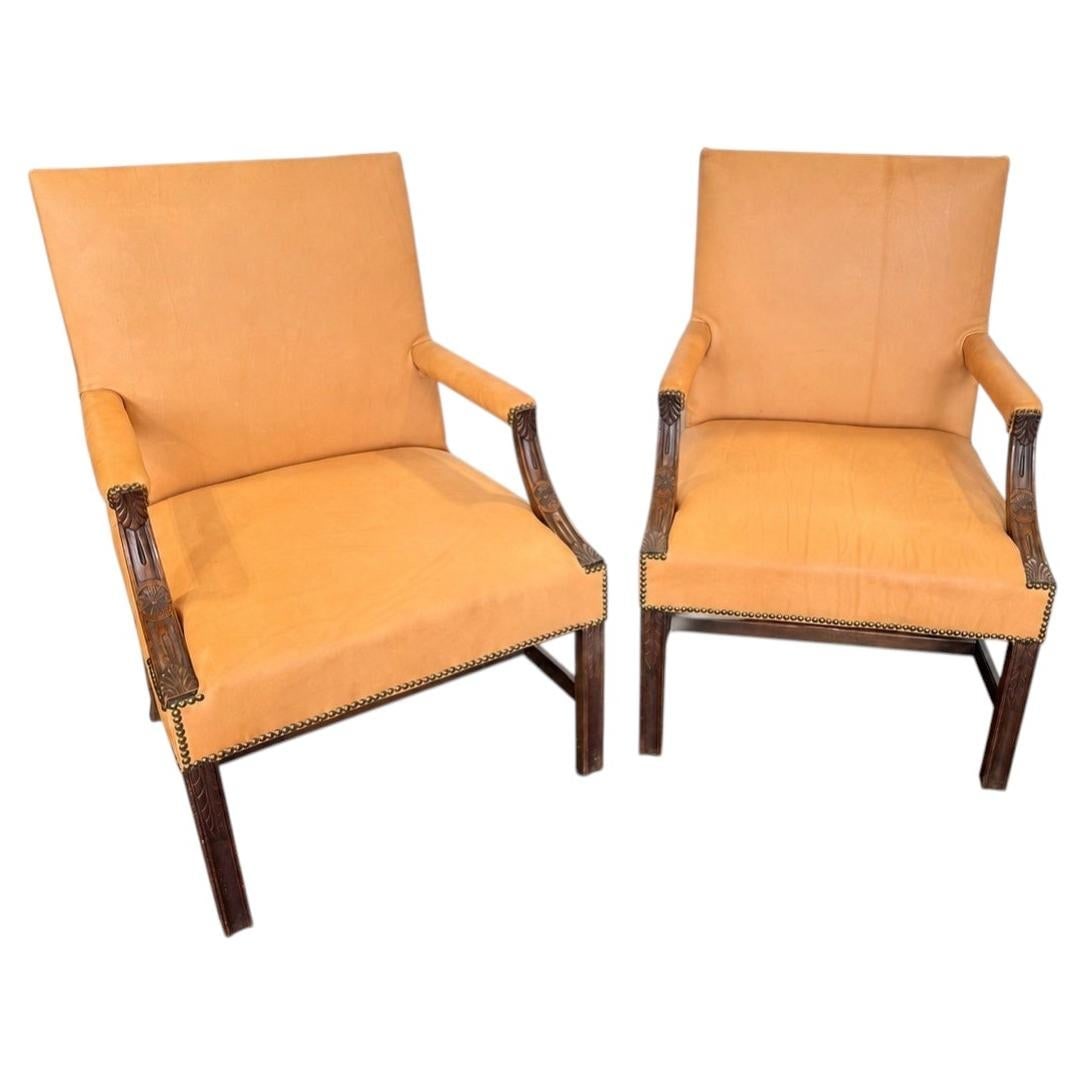 Set of 2 Georgian Mahogany Library Armchairs Peach Leather (1 of 10)