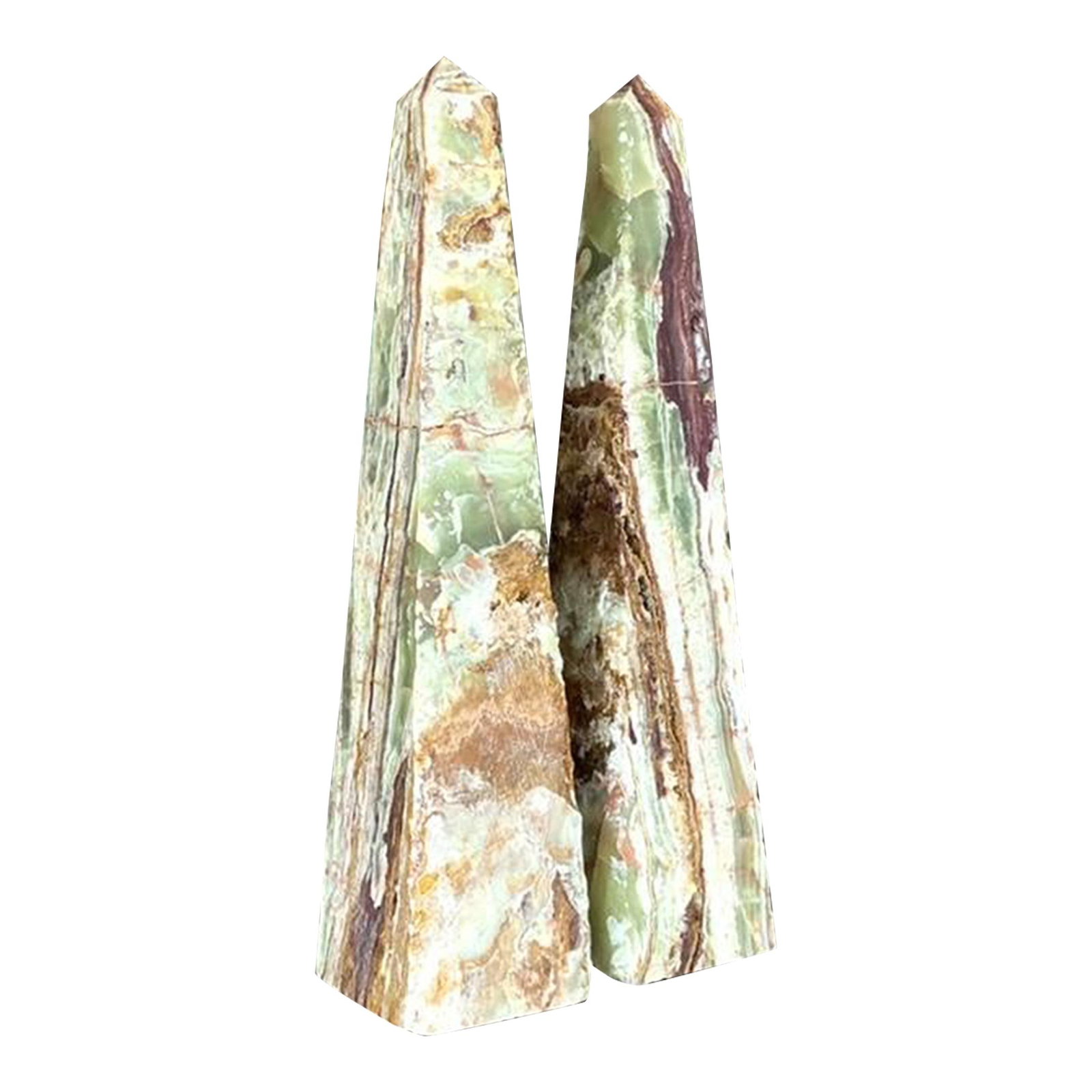 Vintage Boho Sienna Opal Obelisk Pair 18 Inches Tall: Vintage Boho Sienna Opal Obelisk Pair 18 Inches Tall This exquisite pair of vintage Boho distressed opal obelisks showcases a harmonious blend of weathered beauty and refined artistry. Featuring gorge