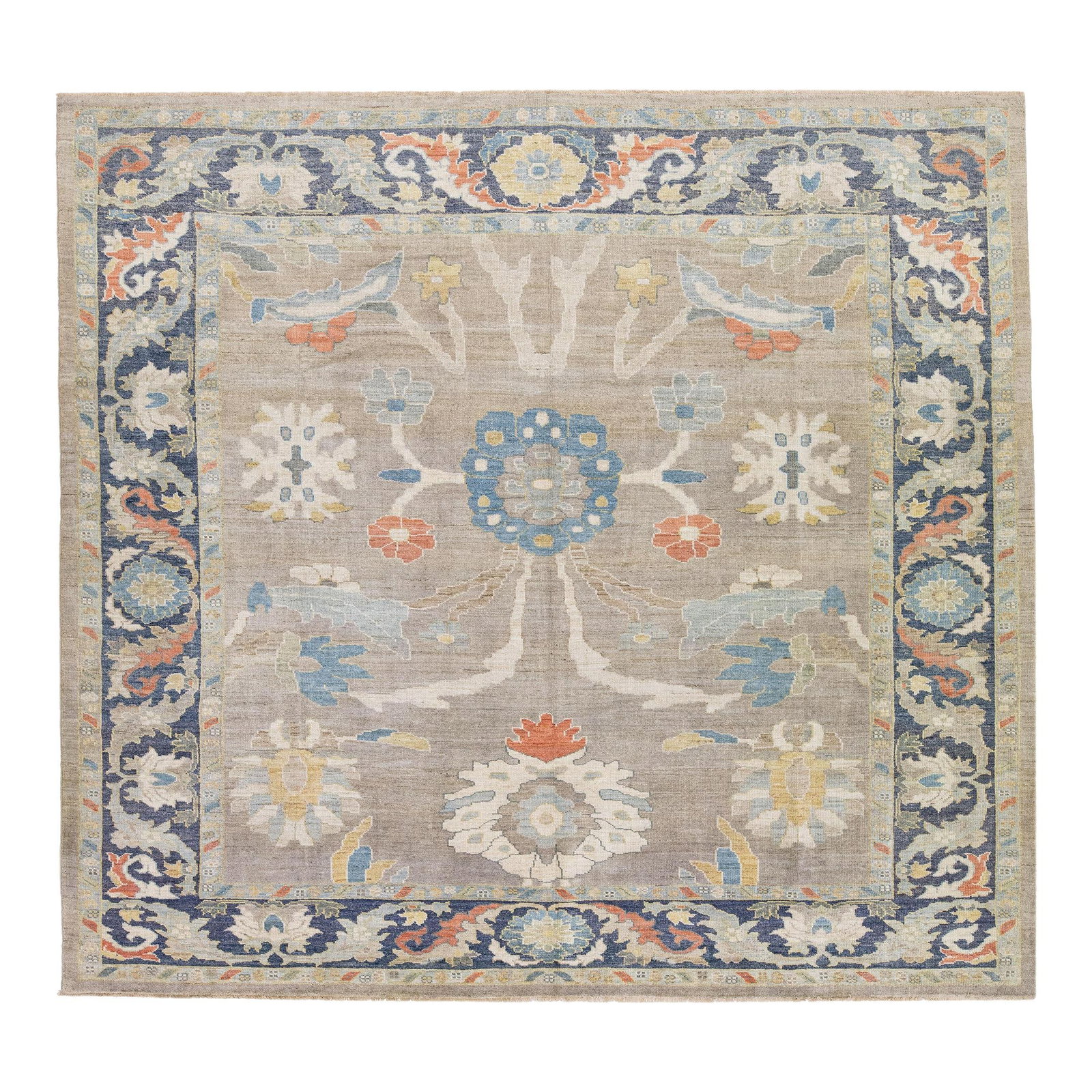 Stunning Handmade Floral Sultanabad Wool Rug 10'2 x 10'10: Stunning Handmade Floral Sultanabad Wool Rug 10'2 x 10'10 This stunning early 21st-century Sultanabad rug showcases a beautiful hand-knotted wool construction. Featuring a light beige field adorned wi