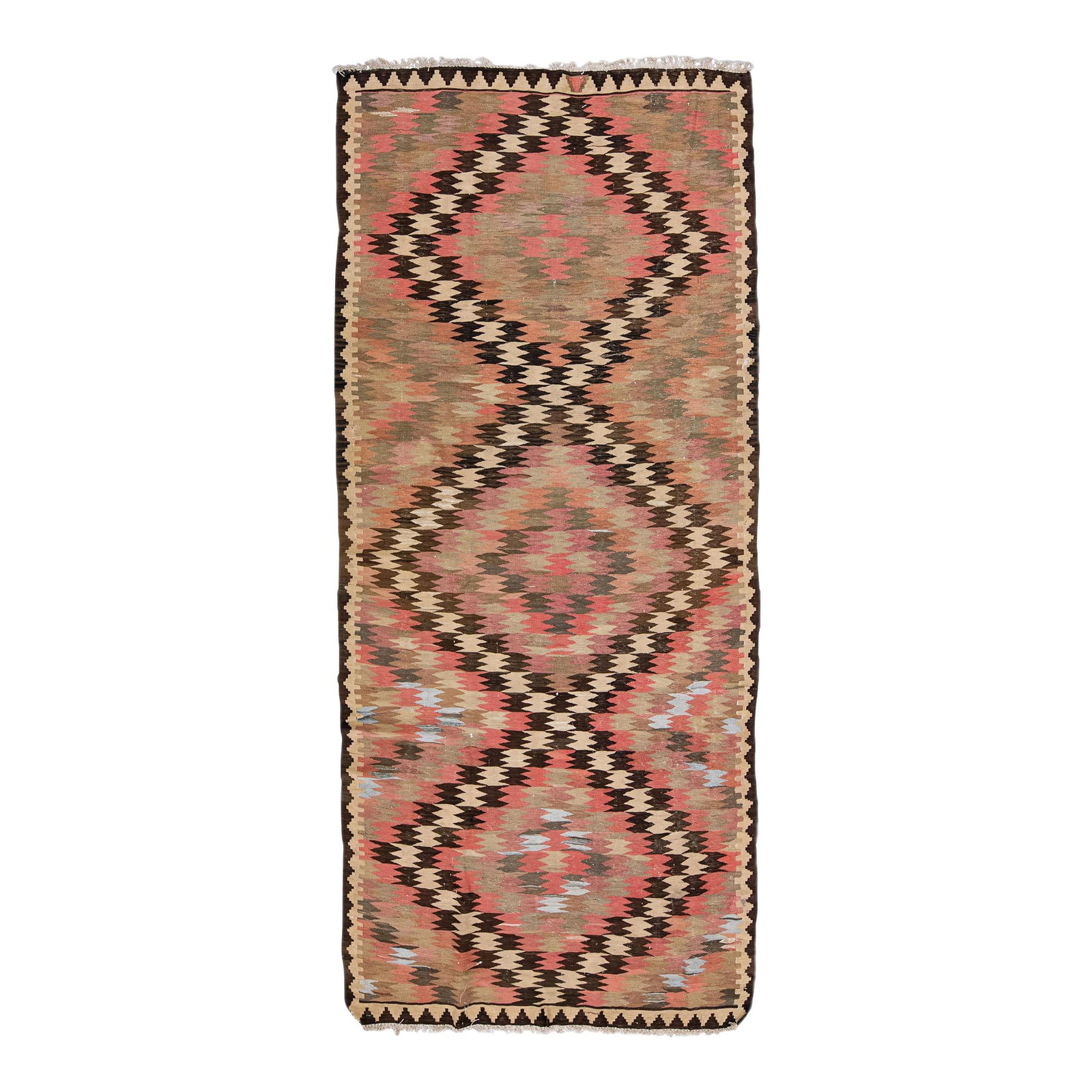 1960s Vintage Turkish Kilim Handmade Wool Rug Peach Tribal Design 4'2" x 9'2": 1960s Vintage Turkish Kilim Handmade Wool Rug Peach Tribal Design 4'2" x 9'2" Explore the beauty of this vintage Turkish Kilim rug, hand-knotted from high-quality wool. The rug features a stunning pea
