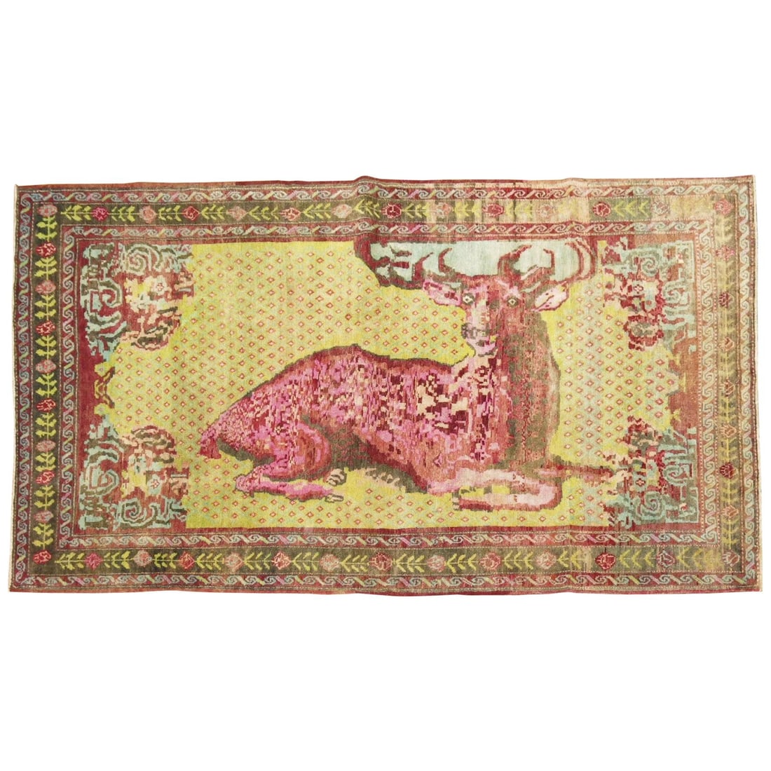 Jolly Deer Pictorial Karabagh Rug Hand-Woven Wool Folk Art Russia: Jolly Deer Pictorial Karabagh Rug Hand-Woven Wool Folk Art Russia This stunning Jolly Deer Pictorial Karabagh Conversation Rug showcases a charming deer design set against a vibrant mustard yellow bac