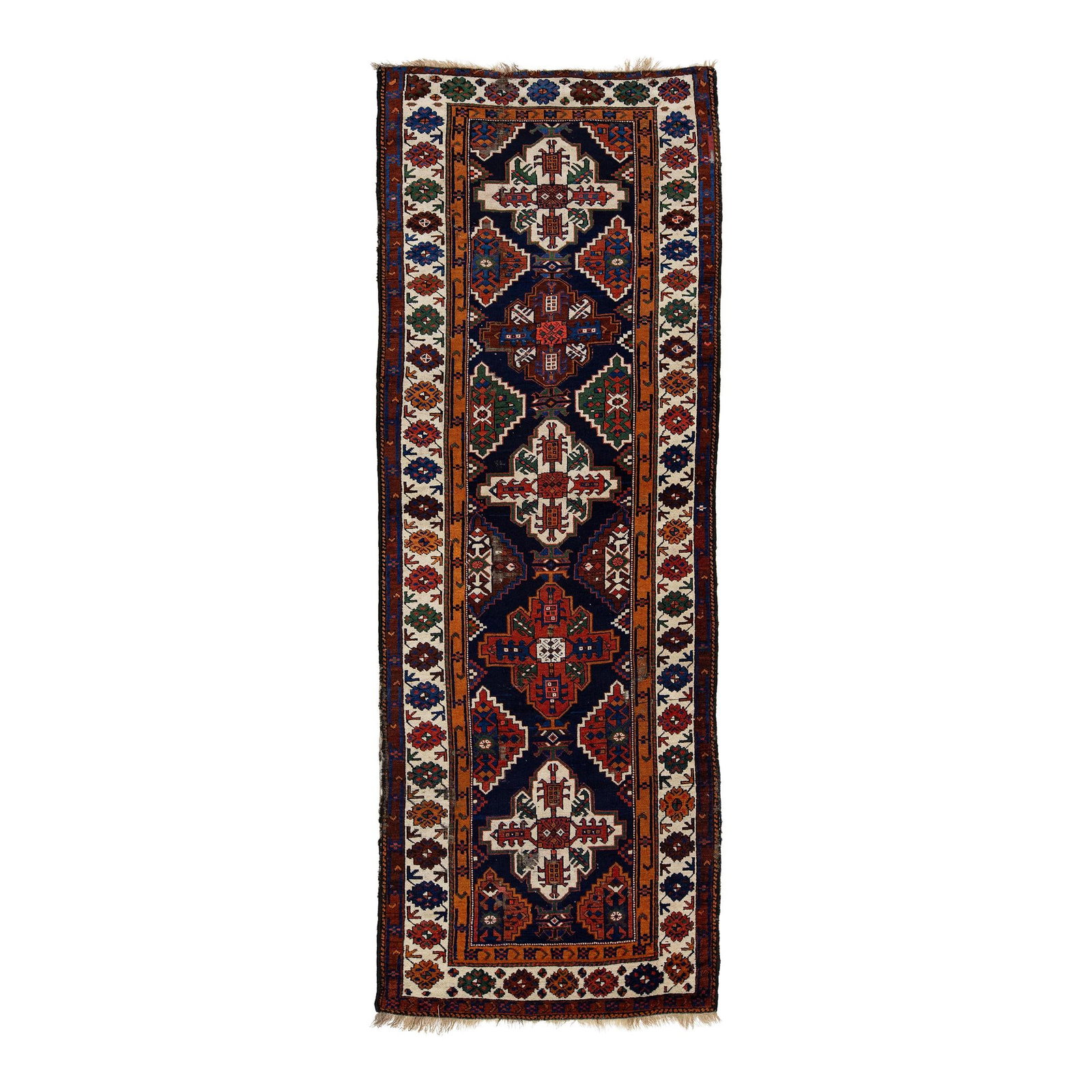 Handmade Blue Caucasian Geometric Wool Rug 3'8'' x 10'2'': Handmade Blue Caucasian Geometric Wool Rug 3'8'' x 10'2'' Enhance your living space with this stunning handmade Caucasian geometric wool rug in rich blue. Featuring an allover design with vibrant mult