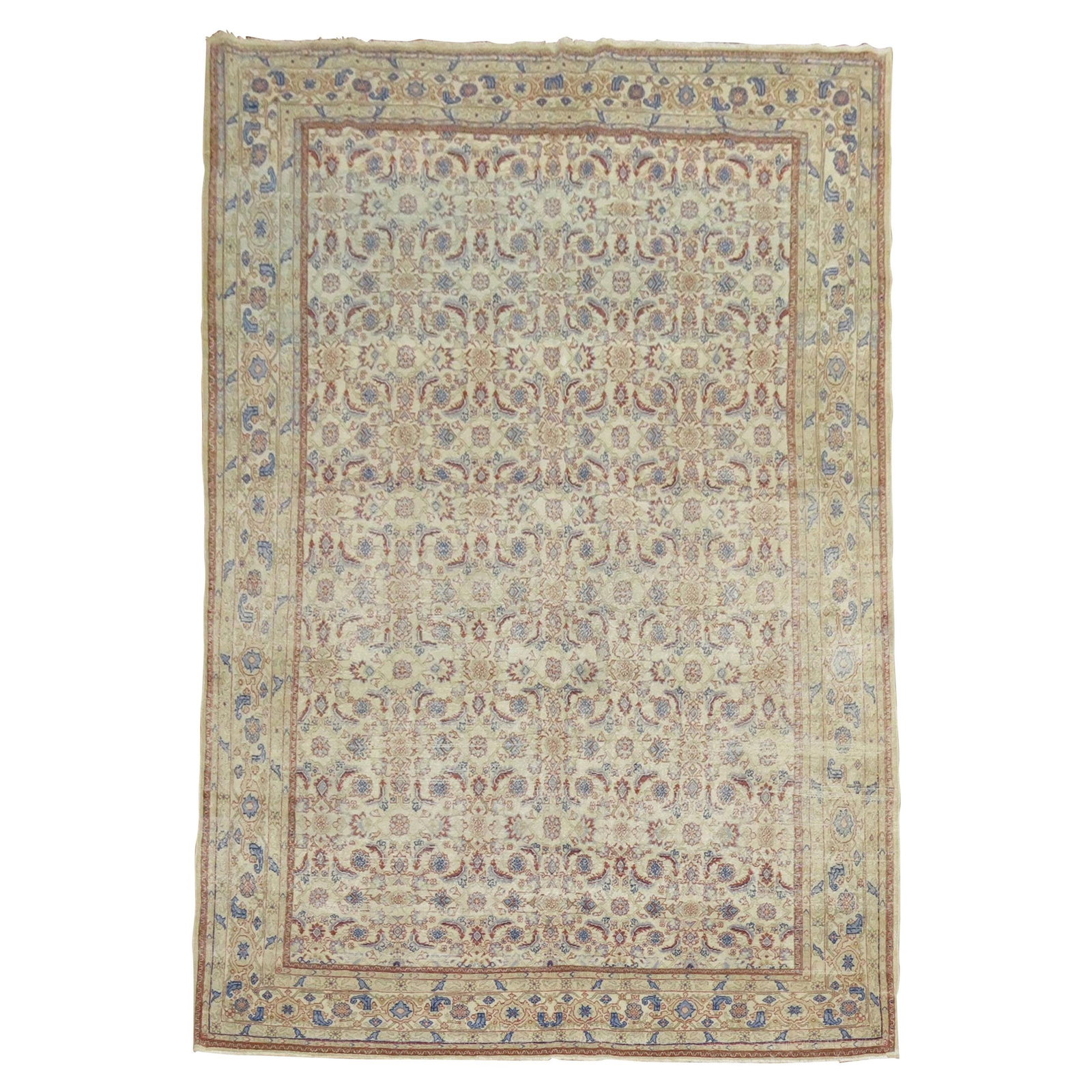 Mid-Century Turkish Herati Motif Rug Hand-Woven Wool Tabriz: Mid-Century Turkish Herati Motif Rug Hand-Woven Wool Tabriz This traditional mid-20th century Turkish rug features a striking Herati motif, beautifully crafted in clay with blue accents set against a 