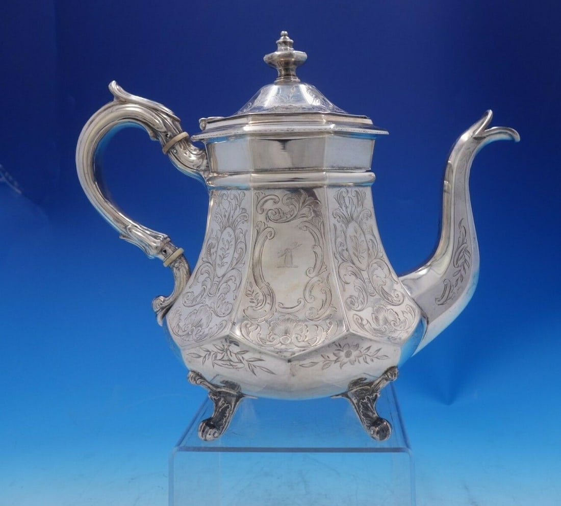 Coin Silver Tea Pot by Gelston and Treadwell with Japanesque Bright Cut: Coin Silver Tea Pot by Gelston and Treadwell with Japanesque Bright Cut An extraordinary 19th-century coin silver tea pot by Gelston & Treadwell of New York, featuring bright-cut decoration with Japan