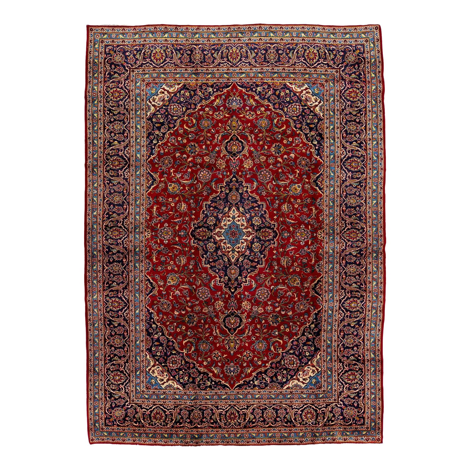 Vintage Persian Kashan Red Wool Rug 8'5 x 11'8 Medallion Design: Vintage Persian Kashan Red Wool Rug 8'5 x 11'8 Medallion Design This stunning vintage Persian Kashan rug is hand-knotted from high-quality wool, showcasing a vibrant red field adorned with intricate b