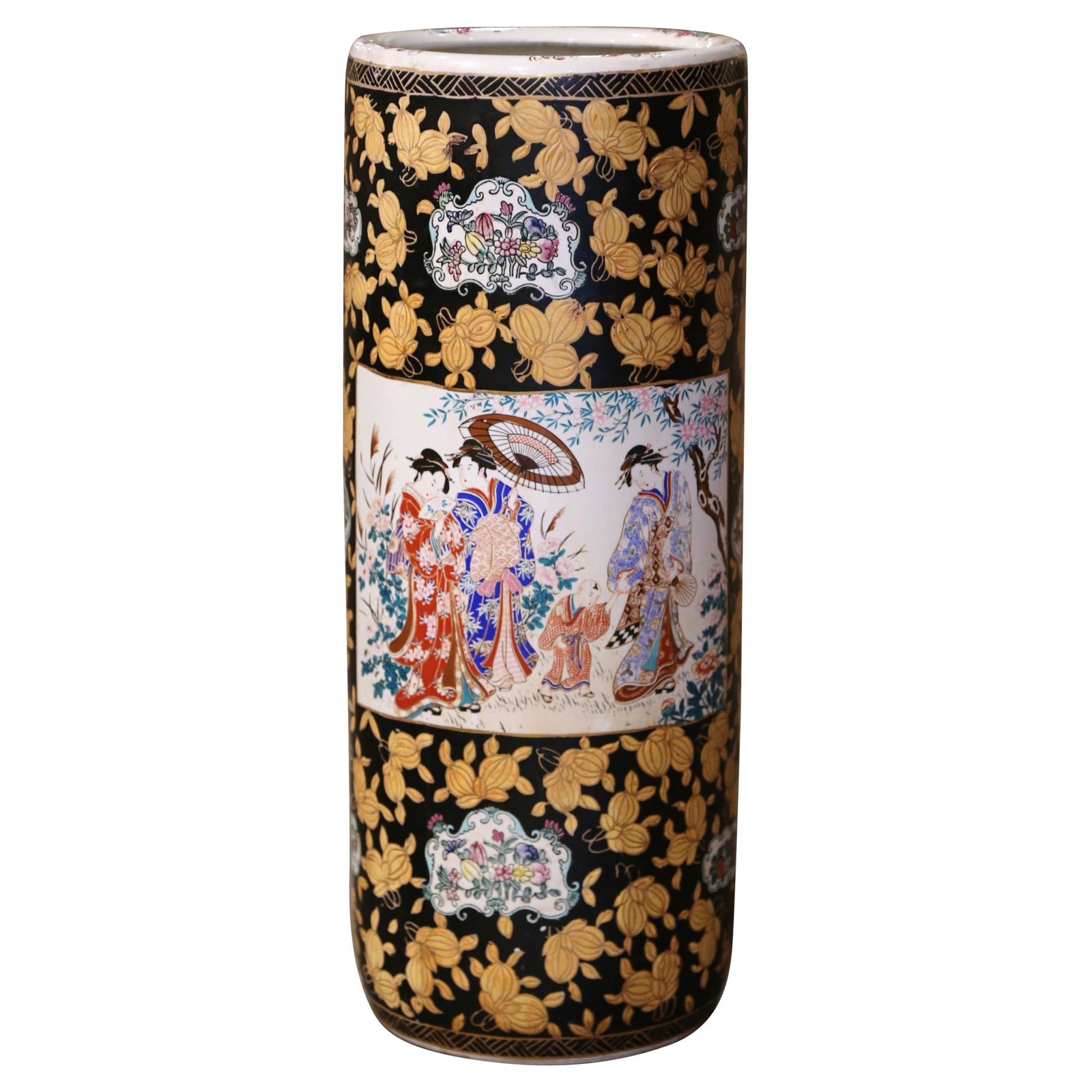 Hand-Painted Famille Rose Porcelain Umbrella Stand With Gilt Circa 1950 China: Hand-Painted Famille Rose Porcelain Umbrella Stand With Gilt Circa 1950 China This mid-century Famille Rose porcelain umbrella stand was crafted in China circa 1950. The piece is round in shape and fe