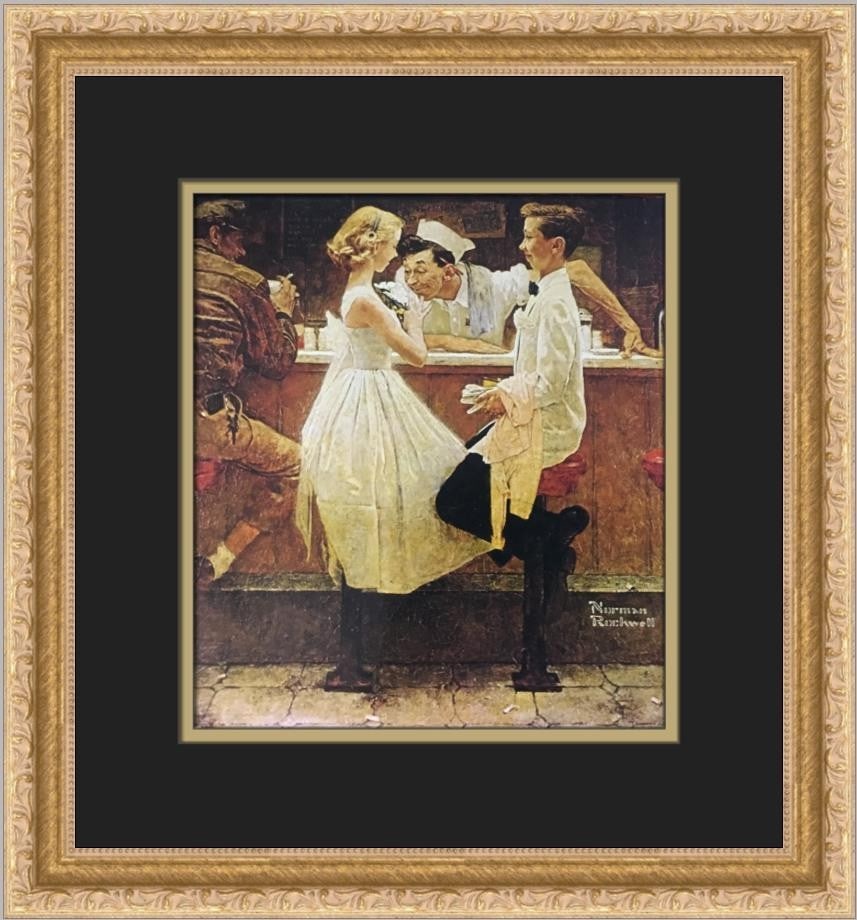 Custom Framed Norman Rockwell After The Prom Offset Lithograph Print: Custom Framed Norman Rockwell After The Prom Offset Lithograph Print Professionally custom framed Norman Rockwell open edition print titled After The Prom. The piece is matted and framed in a 1" gold 