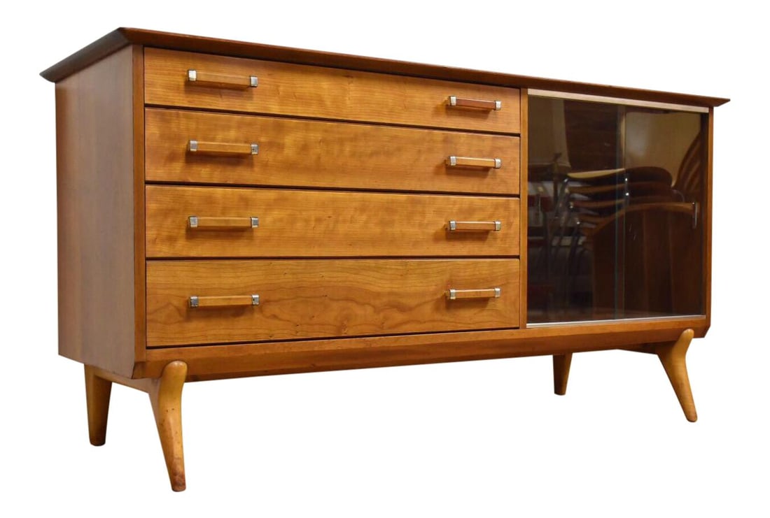 Lorenzo Rutili Cherry Maple Credenza with Glass Doors: Lorenzo Rutili Cherry Maple Credenza with Glass Doors This stunning cherry and maple credenza, designed by Lorenzo Rutili for Johnson Furniture, features two glass sliding doors along with drawers on 