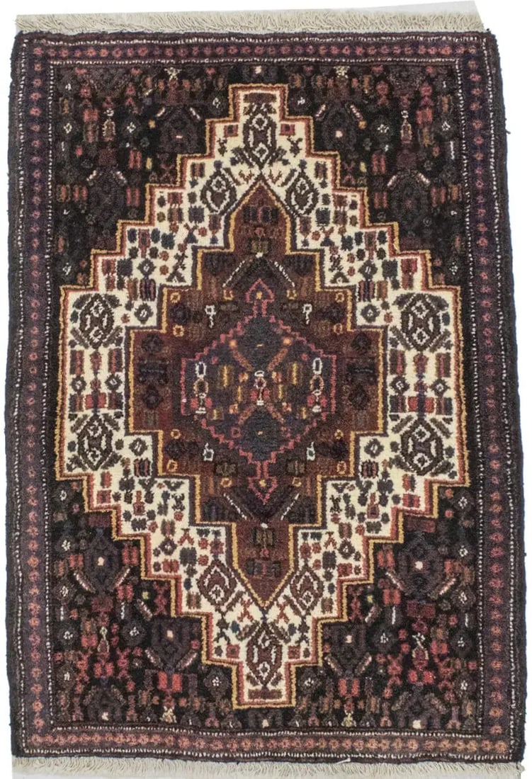 Hand-Knotted Wool Tribal Geometric Area Rug 2'3 x 3'4 Vintage Design: Hand-Knotted Wool Tribal Geometric Area Rug 2'3 x 3'4 Vintage Design This vintage handmade Oriental rug features a rare geometric design in a classic tribal style, crafted from hand-knotted wool. The 