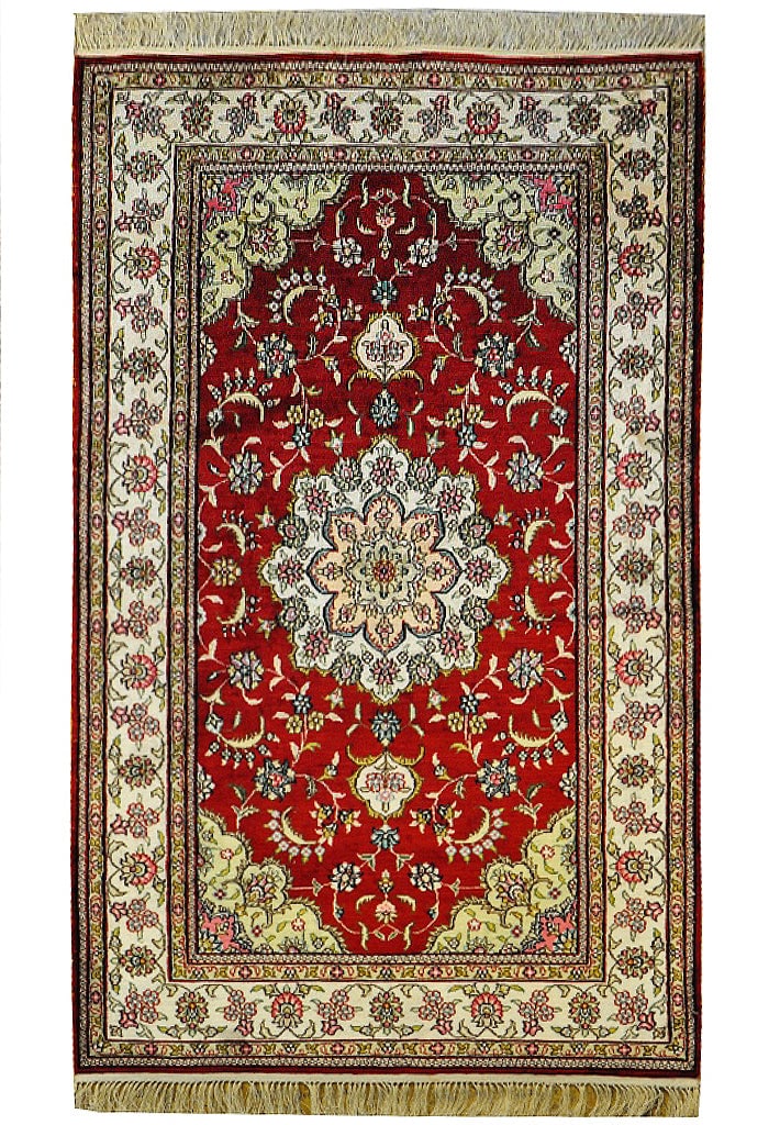 3' x 5' Handmade Silk Tabriz Rug in Elegant Red: 3' x 5' Handmade Silk Tabriz Rug in Elegant Red Free continental US Shipping Elevate your space with this exquisite 3' x 5' Silk Handmade Tabriz Rug in striking red. Meticulously crafted by skilled ar