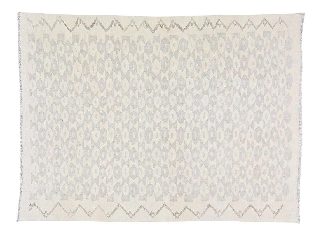 Afghan Maimana Kilim Rug in Organic Undyed Wool Geometric 5'x6'8": Afghan Maimana Kilim Rug in Organic Undyed Wool Geometric 5'x6'8" This vintage Afghan Maimana kilim features a hand-woven geometric pattern crafted from organic, undyed wool in natural colors. The rug