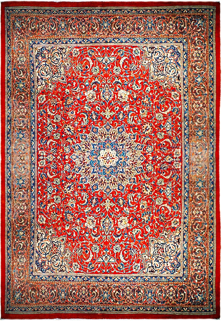 Handmade 9'11 x 13'6 Red Orange Sheikh-Safi Persian Sarouk Rug: Handmade 9'11 x 13'6 Red Orange Sheikh-Safi Persian Sarouk Rug Free continental US Shipping Discover the exquisite beauty of this 9' 11" x 13' 6" red-orange Sheikh-Safi Persian Sarouk rug, handcrafted