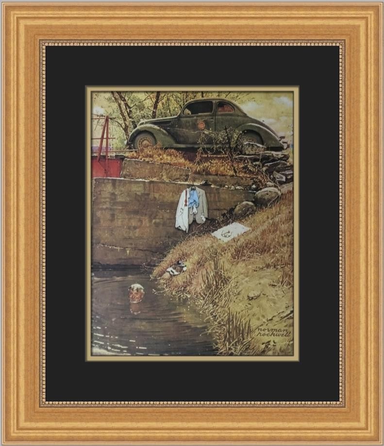 Norman Rockwell The Swimming Hole Custom Framed Print 18 x 20 Portrait: Norman Rockwell The Swimming Hole Custom Framed Print 18 x 20 Portrait This custom framed print titled "The Swimming Hole" by renowned artist Norman Rockwell captures a charming Americana scene. Measu