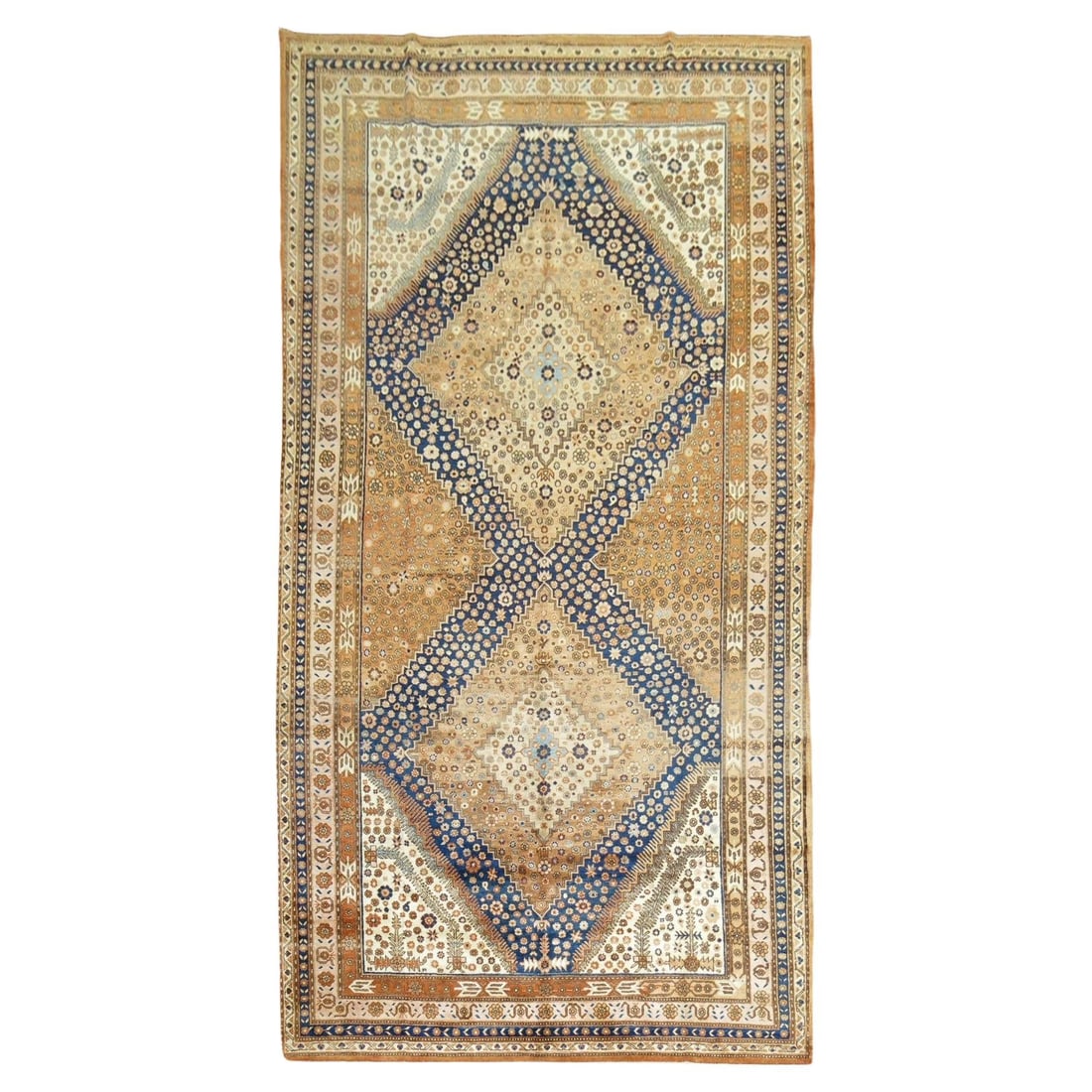 Vintage Khotan Rug 7'2 x 14 Wool East Turkestan 1940s: Vintage Khotan Rug 7'2 x 14 Wool East Turkestan 1940s This exquisite Large Gallery Size Khotan Rug showcases a stunning geometric design featuring deep blue, burnt orange, and apricot accents. Crafted