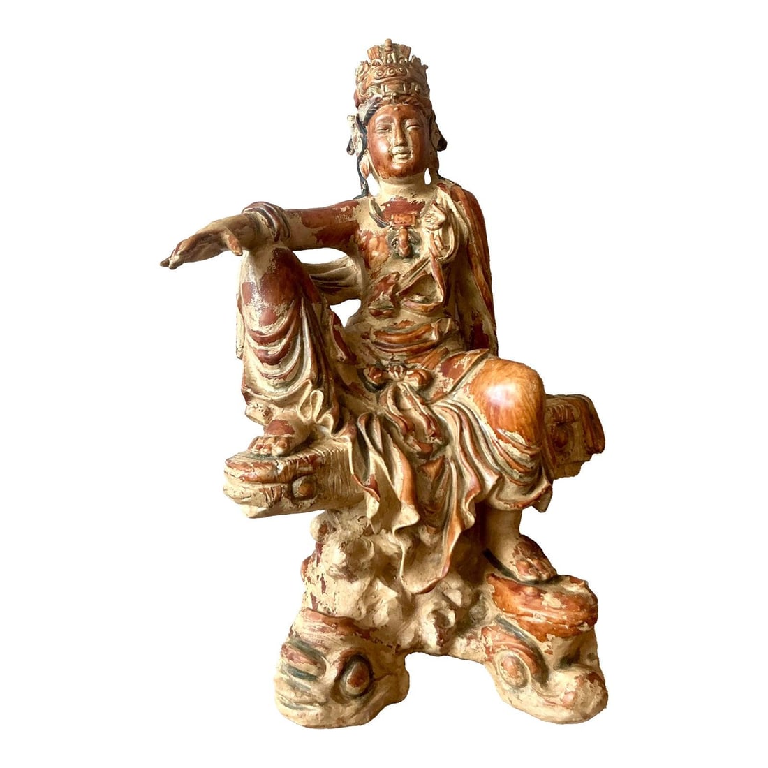 Hand-Carved Wood Guanyin Sculpture in Royal Ease Pose 31.5 Inches Tall: Hand-Carved Wood Guanyin Sculpture in Royal Ease Pose 31.5 Inches Tall This vintage hand-carved wood statue depicts Guanyin, the Bodhisattva of Compassion, in the traditional "Royal Ease" pose (Lalita
