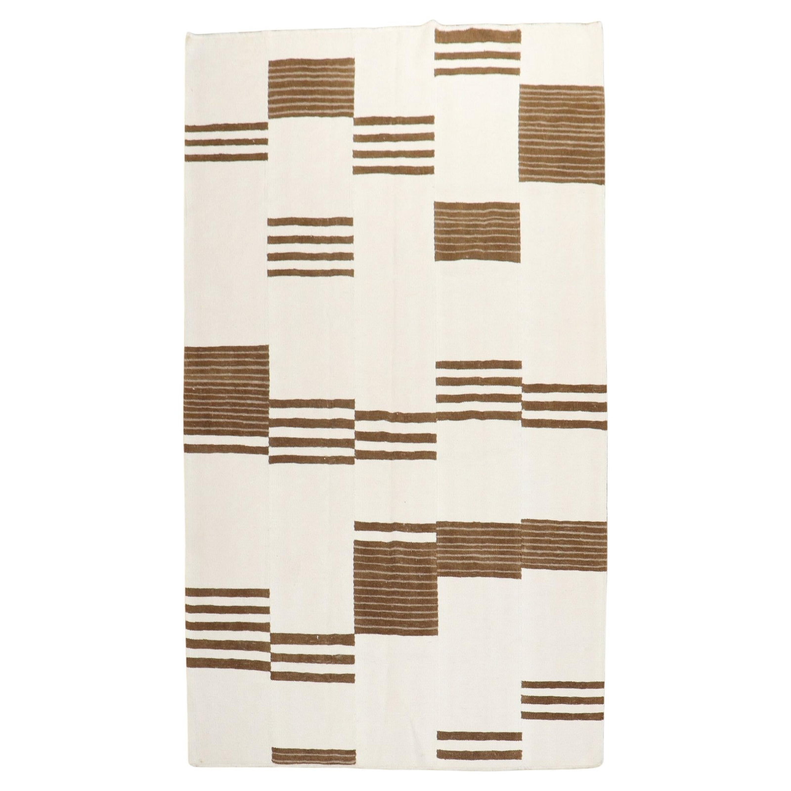 Ivory and Brown Modern Turkish Kilim 58 x 97 Cotton Goat Hair: Ivory and Brown Modern Turkish Kilim 58 x 97 Cotton Goat Hair This exquisite White and Brown Modern Turkish Kilim Flatweave rug combines a minimalist style with the charm of vintage aesthetics. Handcr