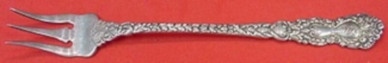 Gorham Imperial Chrysanthemum Sterling Silver Cocktail Fork 5 1/2 in: Gorham Imperial Chrysanthemum Sterling Silver Cocktail Fork 5 1/2 in Sterling silver cocktail fork in the Imperial Chrysanthemum pattern by Gorham. It measures 5 1/2 inches and is monogrammed, with mo