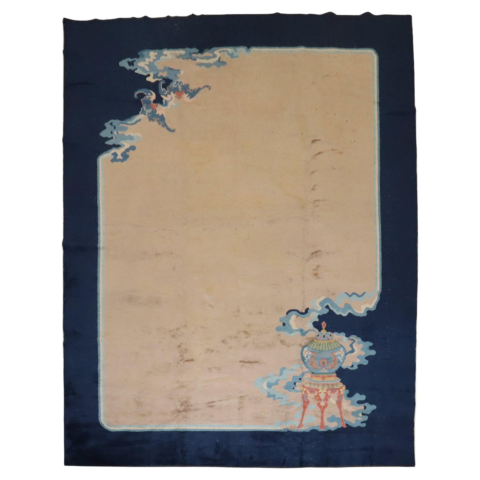 Antique Chinese Art Deco Hand-Knotted Wool Carpet 101 x 122: Antique Chinese Art Deco Hand-Knotted Wool Carpet 101 x 122 Presenting an exquisite Antique Chinese Art Deco Carpet from the 1930s, showcasing a captivating blend of tans and navy hues. This hand-knot