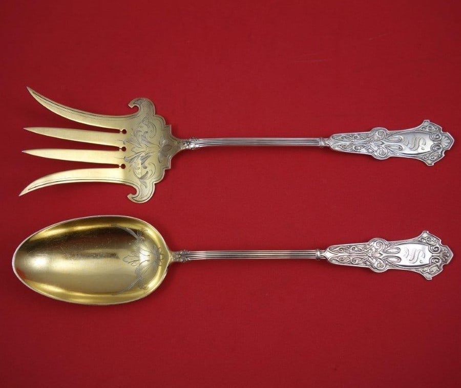 Whiting Alhambra Sterling Silver Salad Serving Set 2pc 11inch: Whiting Alhambra Sterling Silver Salad Serving Set 2pc 11inch This exquisite Alhambra salad serving set by Whiting features elegant long handles and is crafted from high-quality sterling silver. The 2