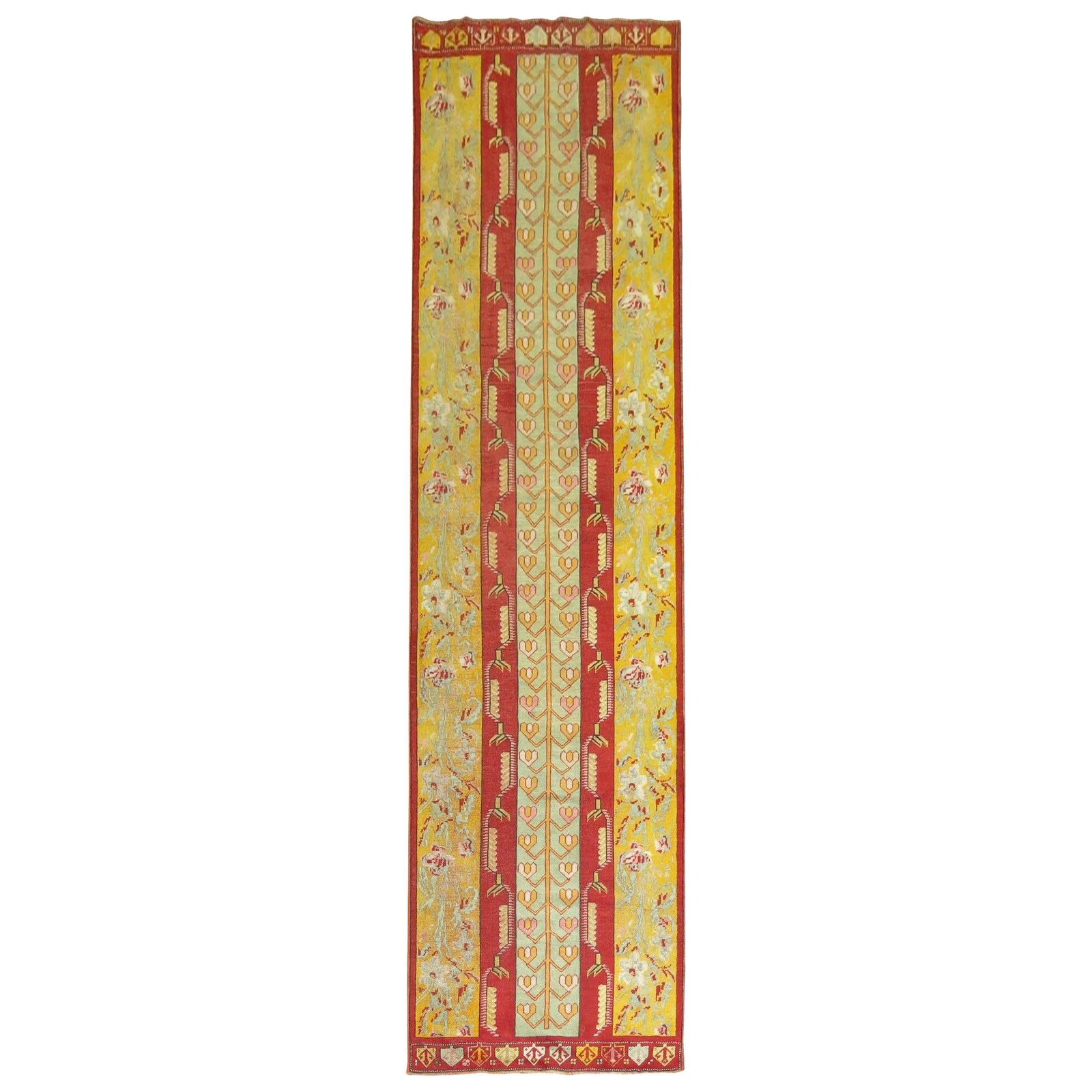 Turkish Melas Wool Hand Knotted Floral Runner circa 1920: Turkish Melas Wool Hand Knotted Floral Runner circa 1920 This early 20th-century Turkish Melas runner features a romantic style with an elegant vertical floral motif. Crafted from hand-knotted wool, t