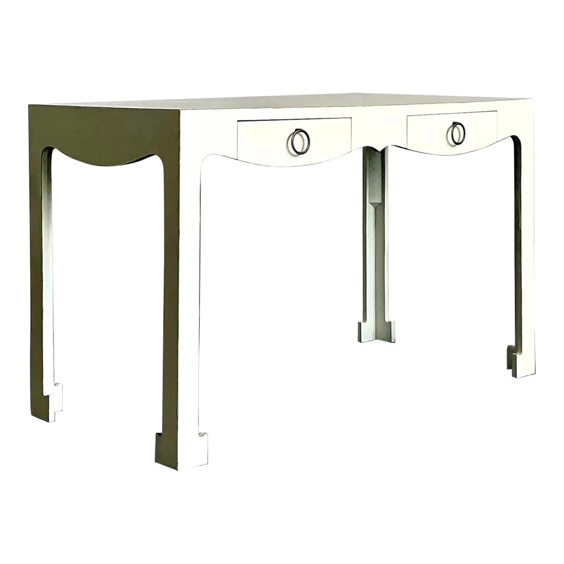 Ivory Hollywood Regency Scalloped Wood Writing Desk with Ring Pulls: Ivory Hollywood Regency Scalloped Wood Writing Desk with Ring Pulls This vintage writing desk captures the glamour of the Hollywood Regency era with its scalloped apron and sleek ivory lacquered finis