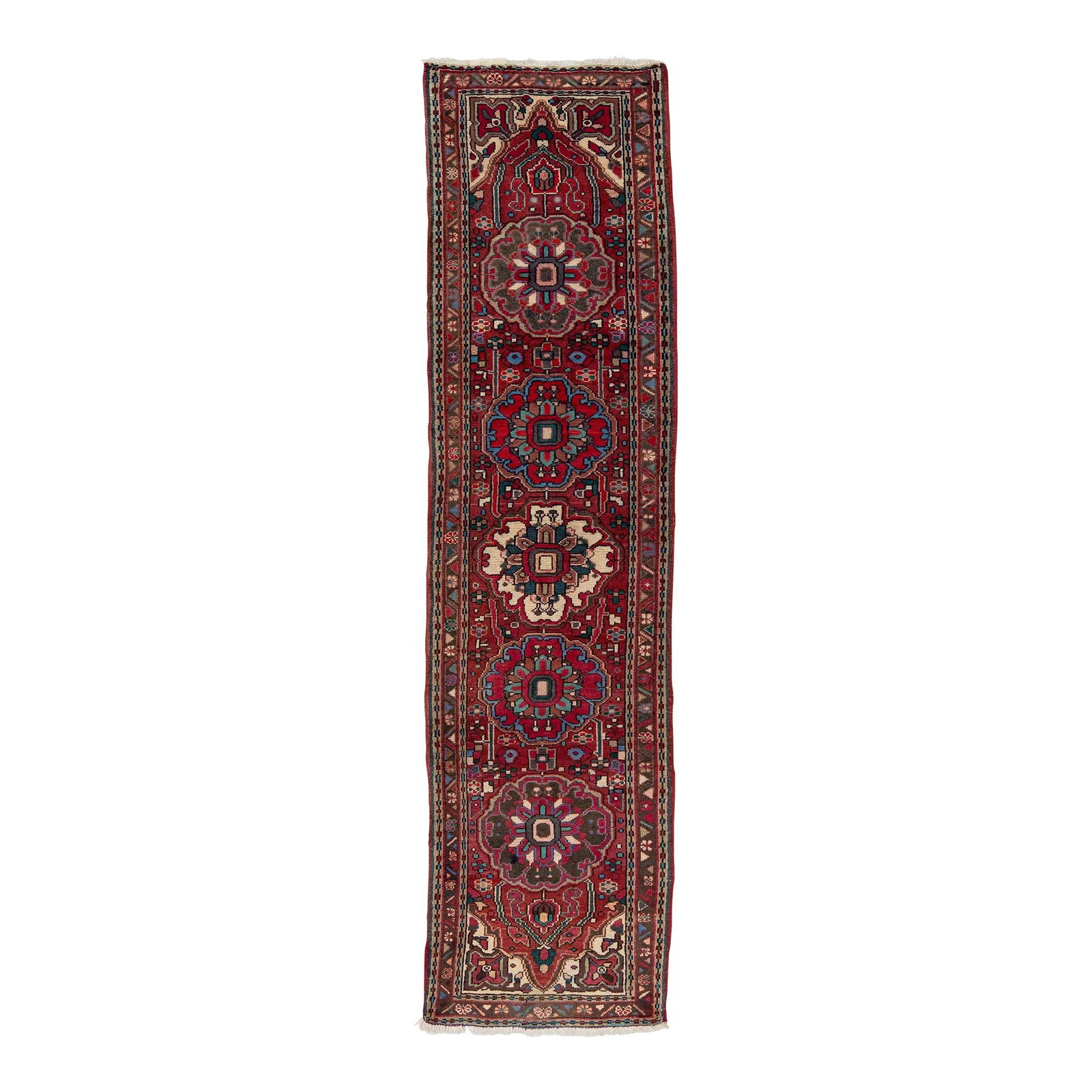 Vintage Persian Heriz Wool Runner Red Floral Medallion 2'7" x 10'2": Vintage Persian Heriz Wool Runner Red Floral Medallion 2'7" x 10'2" Enhance your space with this exquisite vintage Persian Handmade Heriz wool runner. Featuring a striking red field adorned with a vib