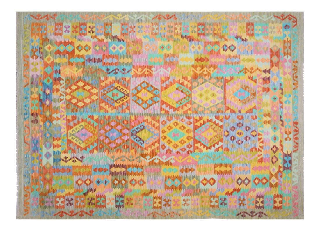 Afghan Maimana Wool Kilim Rug with Geometric Motifs 7'x9'7": Afghan Maimana Wool Kilim Rug with Geometric Motifs 7'x9'7" This vintage Afghan Maimana kilim is hand woven from wool and features natural colors with a striking geometric pattern. The rug showcases t