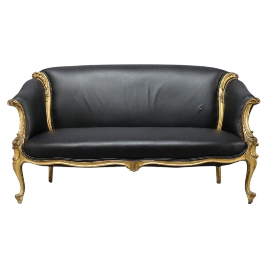 c1880 French Louis XIV Style Giltwood Settee Black Leather (1 of 12)