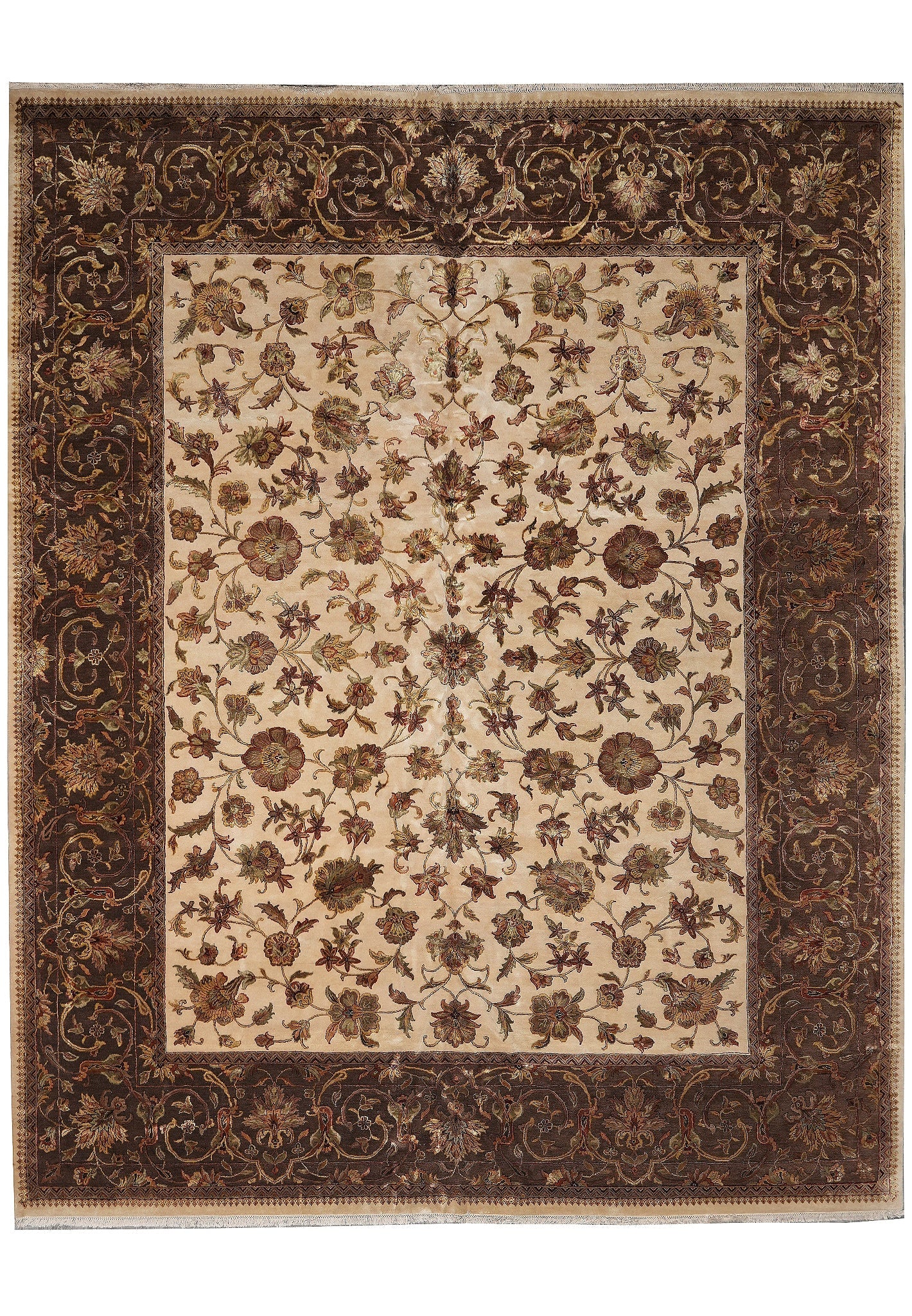 11.11 x 15 Jaipur Hand-Knotted Wool and Silk Floral Area Rug: 11.11 x 15 Jaipur Hand-Knotted Wool and Silk Floral Area Rug Free continental US Shipping This hand-knotted Jaipur area rug is made with wool and silk pile and features a floral pattern in ivory, brow
