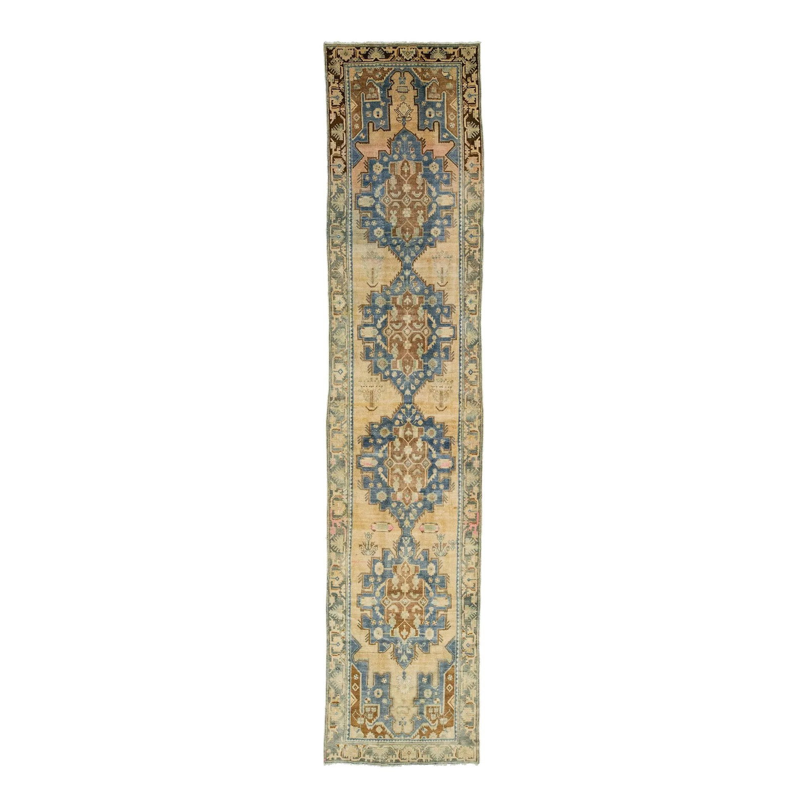 1920s Handmade Antique Heriz Wool Runner Tribal Design 3'5 x 15'8: 1920s Handmade Antique Heriz Wool Runner Tribal Design 3'5 x 15'8 Discover the charm of this stunning 1920s Handmade Antique Heriz Wool Runner featuring a captivating tribal motif. The rug showcases a