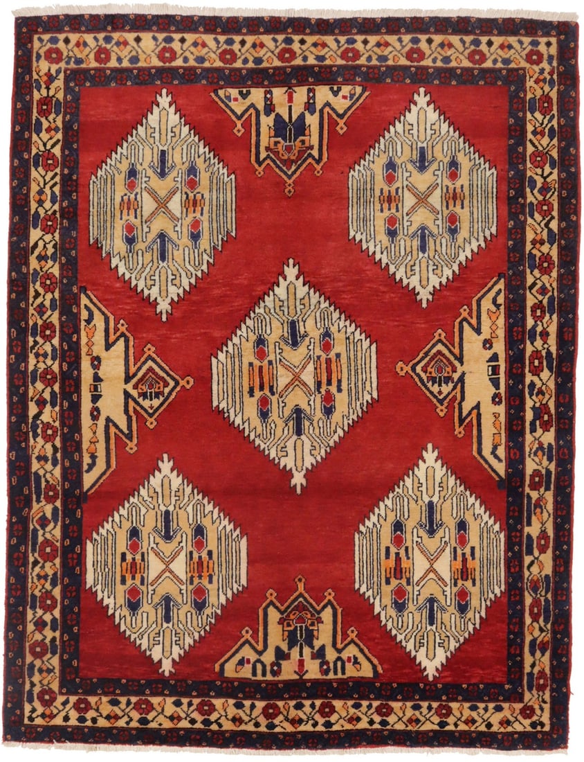 Hand-Knotted Vintage Tribal Oriental Wool Rug 4'10 x 6'4 Red Cream Geometric: Hand-Knotted Vintage Tribal Oriental Wool Rug 4'10 x 6'4 Red Cream Geometric This hand-knotted vintage tribal Oriental rug adds a touch of elegance to any space with its beautiful geometric patterns a