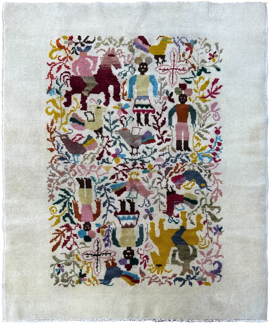 Hand Knotted Wool Ecuadorian Tapestry Olga Fisch Caballito 4x5 ft: Hand Knotted Wool Ecuadorian Tapestry Olga Fisch Caballito 4x5 ft This vintage Olga Fisch folk art rug from Ecuador, dating to around 1955, features a hand-knotted 100% wool construction with a striki