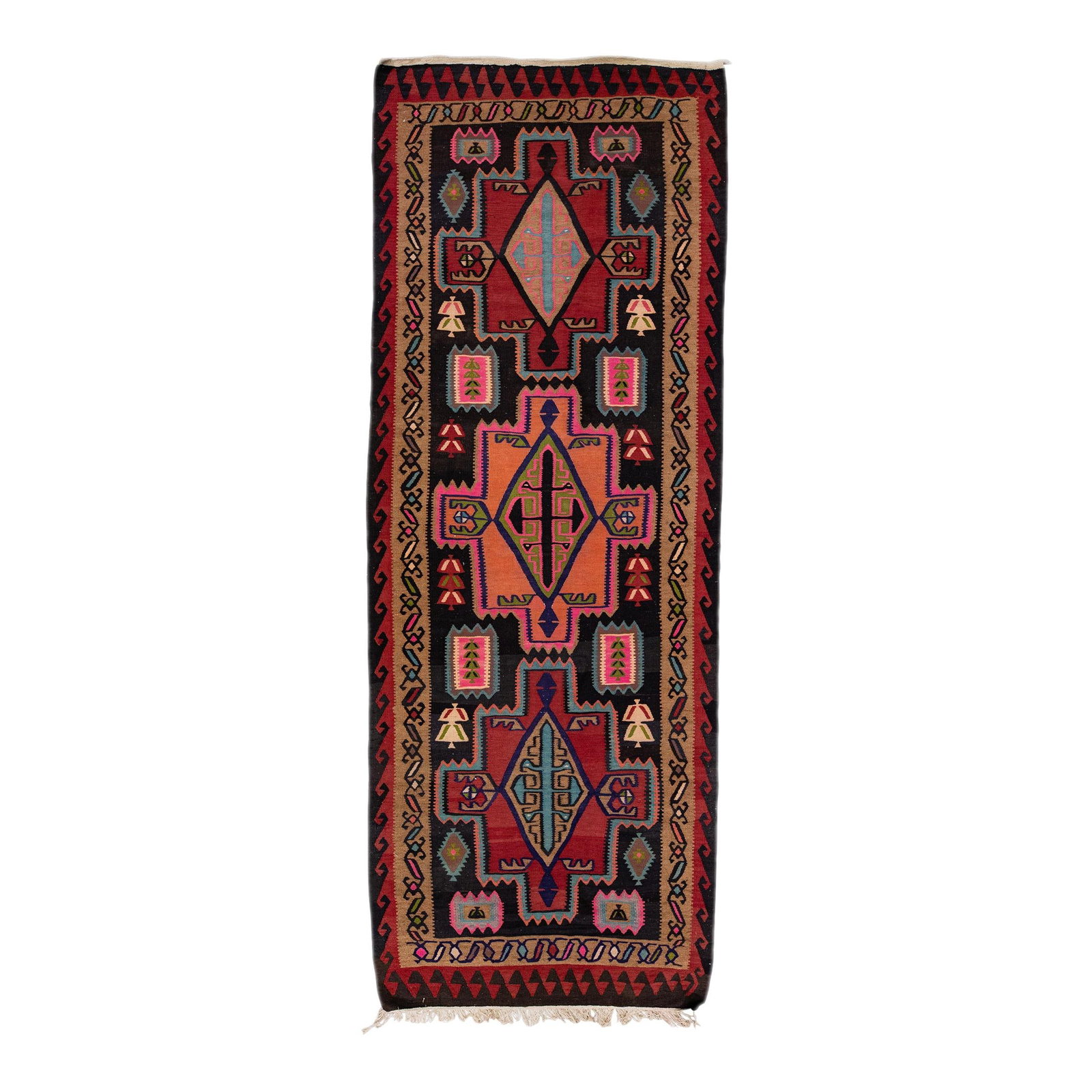 1960s Vintage Turkish Kilim Handmade Wool Rug 5 x 12'11 Multicolor Tribal Design: 1960s Vintage Turkish Kilim Handmade Wool Rug 5 x 12'11 Multicolor Tribal Design This stunning vintage Turkish Kilim rug showcases a captivating geometric tribal design in an array of vibrant colors a