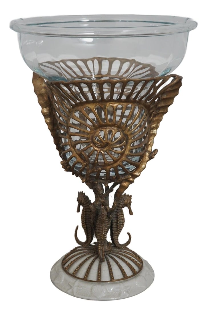 Italian Style Bronze and Porcelain Centerpiece with Seahorse Motif and Crystal Bowl: Italian Style Bronze and Porcelain Centerpiece with Seahorse Motif and Crystal Bowl This striking centerpiece features a Castilian-style design from the 1990s, highlighted by a high-quality bronze fra