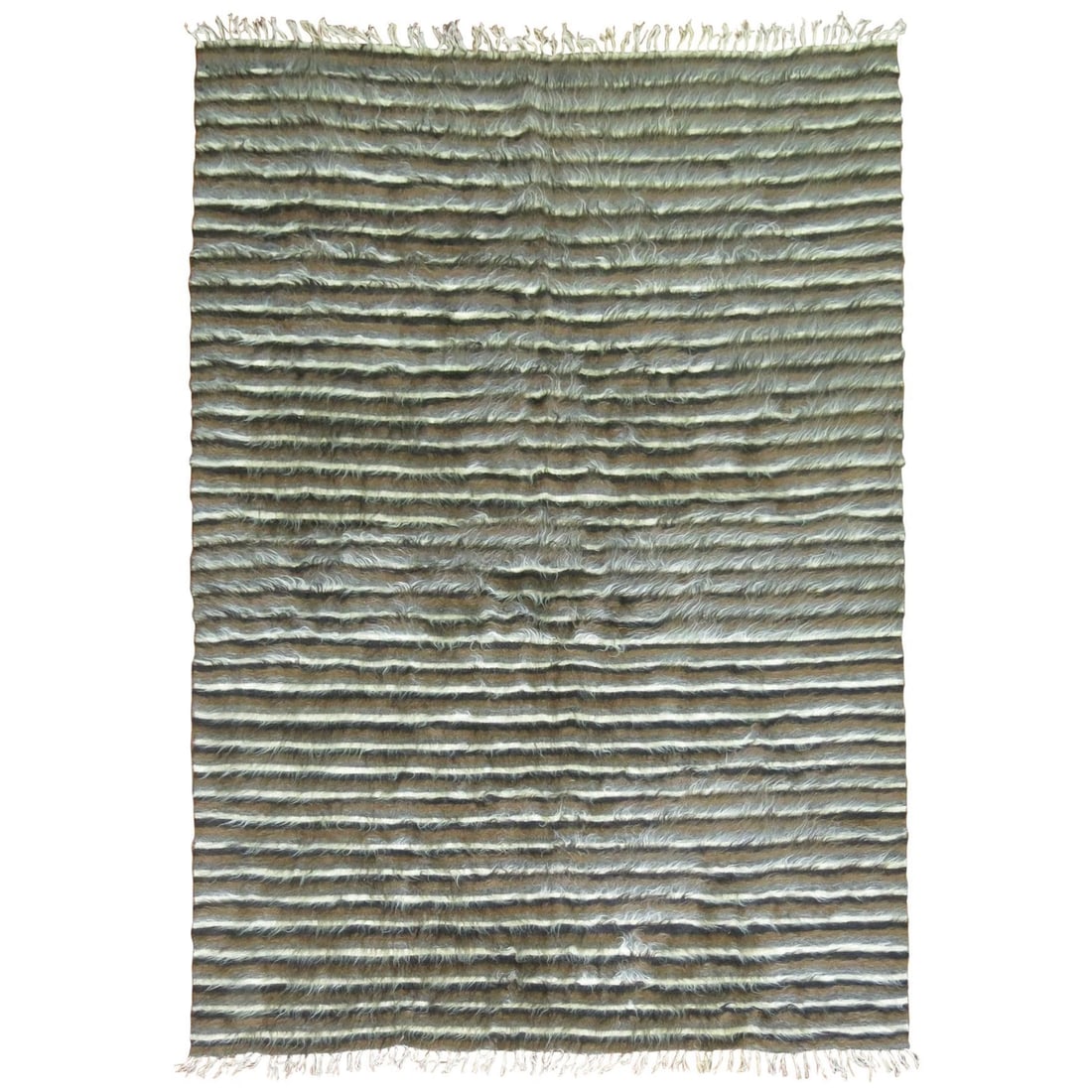 Vintage 1960s Mid-Century Modern Mohair Angora Turkish Rug 54 x 76: Vintage 1960s Mid-Century Modern Mohair Angora Turkish Rug 54 x 76 This exquisite Mohair Angora Turkish rug features a striking striped design in shades of brown, black, and gray, embodying the essenc