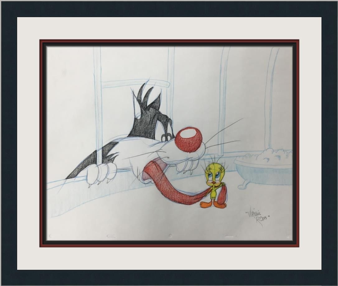 Virgil Ross Signed Sylvester Tweety Model Sheet Framed Artwork: Virgil Ross Signed Sylvester Tweety Model Sheet Framed Artwork This original model sheet drawing features the beloved characters Sylvester the Cat and Tweety Bird, beautifully illustrated by the legen