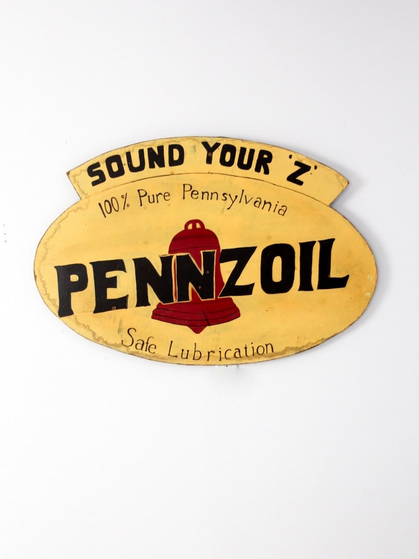 Vintage Pennzoil Sound the Z Hand-Painted Sign 43 x 29 Inch: Vintage Pennzoil Sound the Z Hand-Painted Sign 43 x 29 Inch This vintage Pennzoil sign features the iconic 'Sound the Z' hand-painted design on press wood board, showcasing a vibrant color palette of 