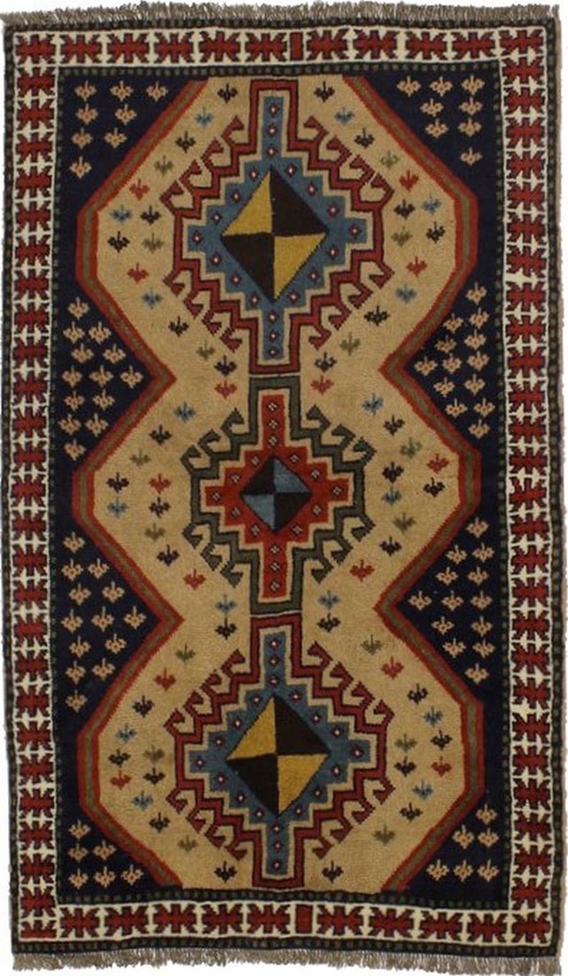 Wool Hand-Knotted Tribal Geometric Area Rug 3'10 x 6'6 Vintage Design: Wool Hand-Knotted Tribal Geometric Area Rug 3'10 x 6'6 Vintage Design This hand-knotted area rug features a vintage-style geometric tribal pattern in a palette of khaki, orange, navy blue, ivory, and 