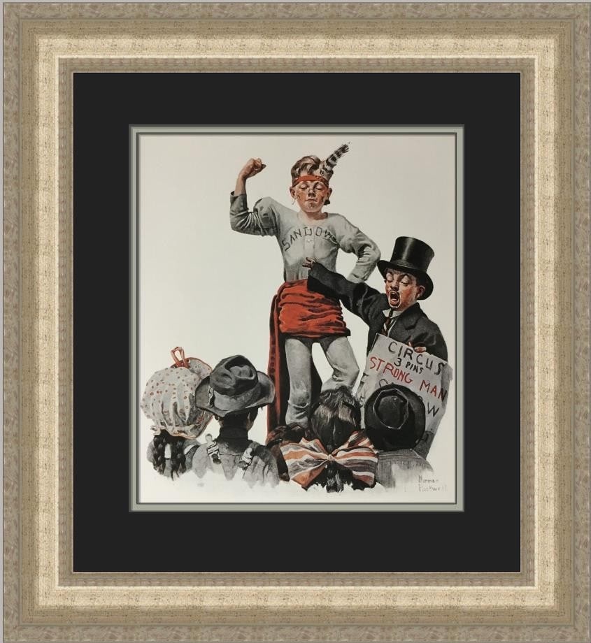 Norman Rockwell Circus Strongman Custom Framed Art Print 1975: Norman Rockwell Circus Strongman Custom Framed Art Print 1975 This exquisite custom framed print titled "Circus Strongman" by Norman Rockwell captures the essence of Americana and circus culture. Crea