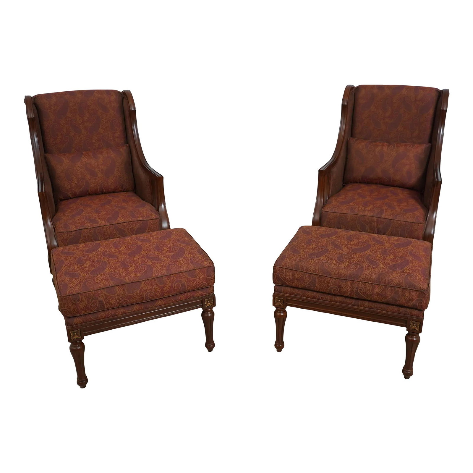 1980s French Louis XVI Upholstered Chair and Ottoman Set - 4 Pieces: 1980s French Louis XVI Upholstered Chair and Ottoman Set - 4 Pieces Elevate your living space with this exquisite set of 1980s French Louis XVI Style Upholstered Chairs, complemented by matching ottom