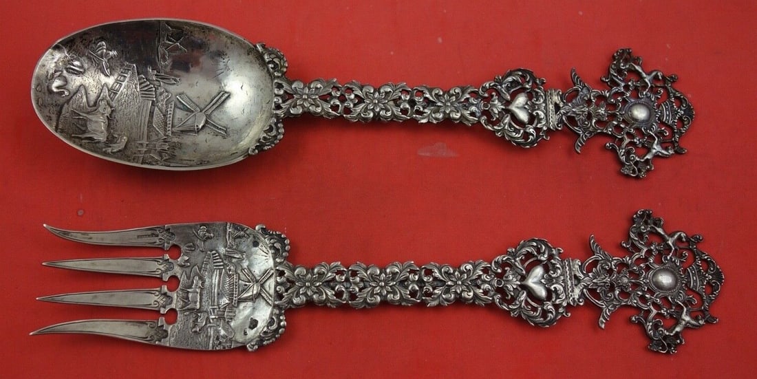 Ollanu Dutch Sterling .800 Silver Salad Serving Set 10 1/2 c.1920 (1 of 2)