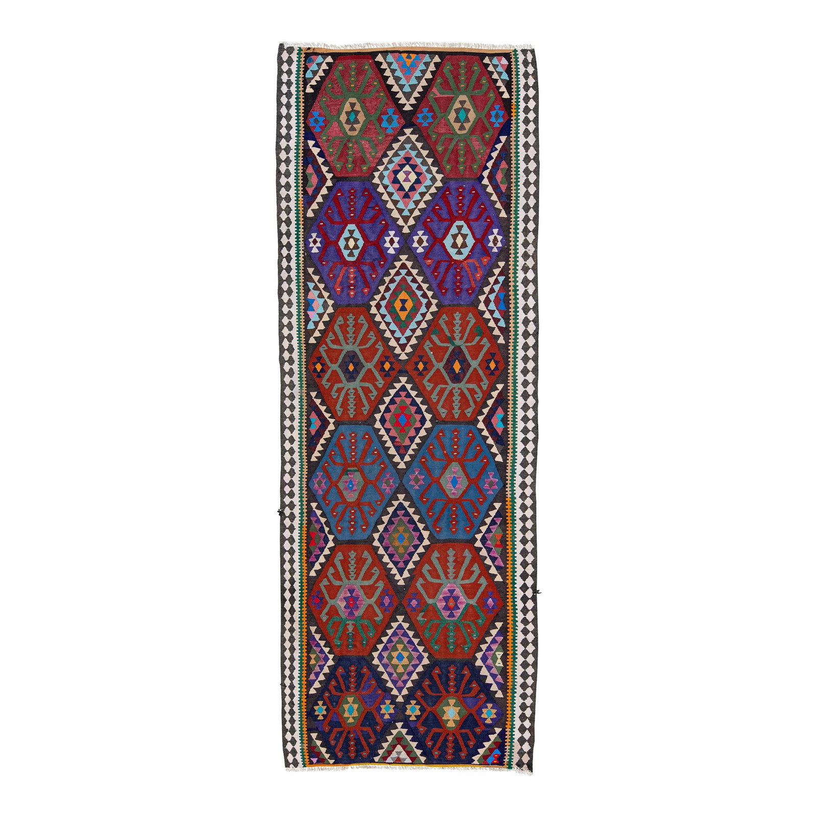 Vintage Kilim Tribal Multicolor Wool Runner 3'4 x 9'4: Vintage Kilim Tribal Multicolor Wool Runner 3'4 x 9'4 Enhance your space with this stunning Vintage Kilim Handmade Flatweave Tribal Multicolor Wool Runner. Crafted with care, this beautiful rug featur
