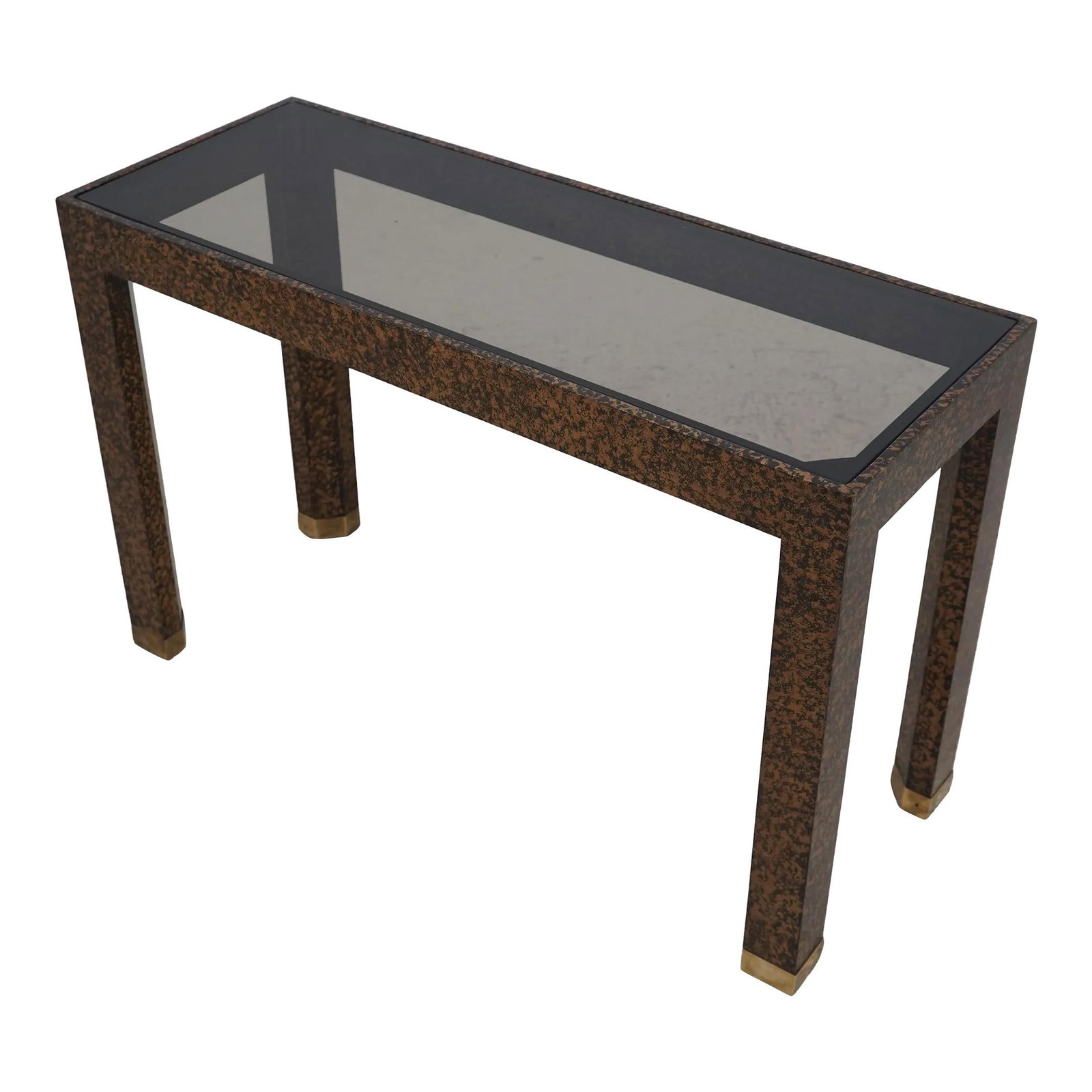 Henredon Mid Century Modern Black Smoked Glass Console Table: Henredon Mid Century Modern Black Smoked Glass Console Table This stunning Mid Century Modern console or hall table from Henredon features a sleek black smoked glass top, elegantly supported by brass 