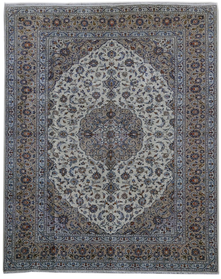 Ivory Blue 9'10 x 12'6 Authentic Persian Kashan Rug Signed: Ivory Blue 9'10 x 12'6 Authentic Persian Kashan Rug Signed Free continental US Shipping Elevate your living space with this exquisite 9.10 x 12.6 ft (approximately 10' x 13') authentic Persian Kashan 